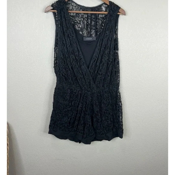 Thakoon Romper Women's 4 Black Lined 100% Cotton Surplice Neck Plunge Crochet - Picture 1 of 13